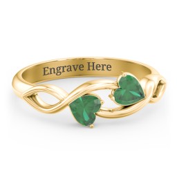 Heavenly Hearts Ring with Heart Birthstones in 10K Solid Yellow Gold with Emerald