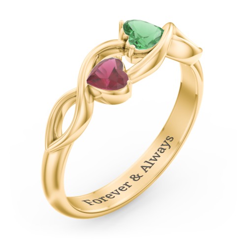 Heavenly Hearts Ring with Heart Birthstones – 10K Yellow Gold with Emerald and Ruby