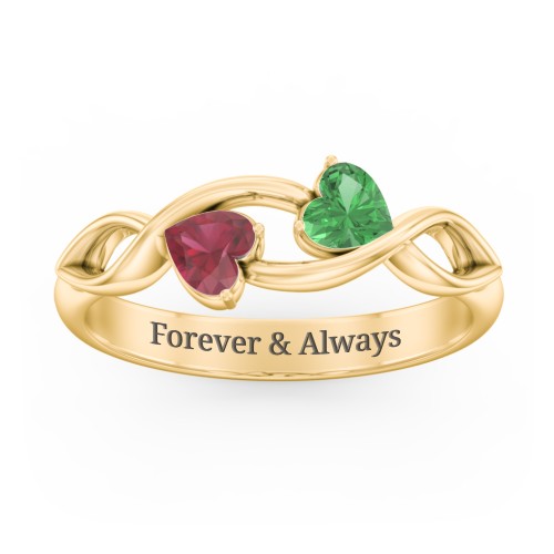 Heavenly Hearts Ring with Heart Birthstones – 10K Yellow Gold with Emerald and Ruby