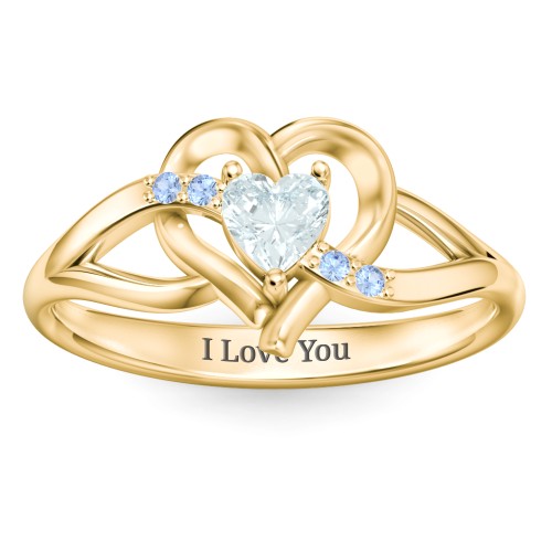 Infinity and Heart Birthstone Ring with Accents – 18K Gold Plated Silver with Aquamarine and Fancy Blue Premium Zirconia