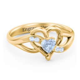 Infinity and Heart Birthstone Ring with Accents in 18K Gold Plated Silver with Aquamarine and Fancy Blue Premium Zirconia