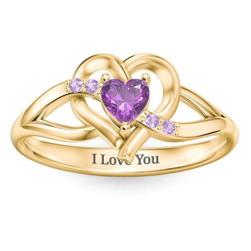 Infinity and Heart Birthstone Ring with Accents – 18K Gold Plated Silver with Amethyst and Amethyst Premium Zirconia