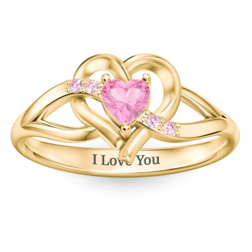 Infinity and Heart Birthstone Ring with Accents – 18K Gold Plated Silver with Pink Tourmaline and Fancy Pink Premium Zirconia