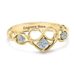 Shimmering Infinity Princess Stone Heart Ring in 10K Solid Yellow Gold with Cubic Zirconia