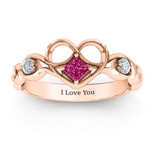 Shimmering Infinity Princess Stone Heart Ring – 10K Rose Gold with Ruby and Cubic Zirconia