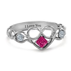 Shimmering Infinity Princess Stone Heart Ring – Sterling Silver with Ruby and Cubic Zirconia