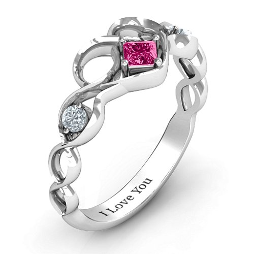 Shimmering Infinity Princess Stone Heart Ring – Sterling Silver with Ruby and Cubic Zirconia