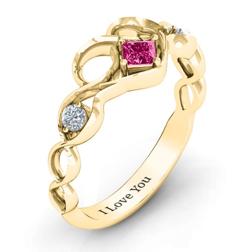 Shimmering Infinity Princess Stone Heart Ring – 10K Yellow Gold with Ruby and Cubic Zirconia