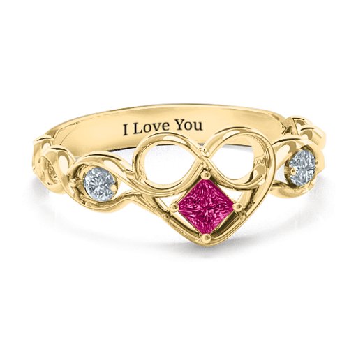 Shimmering Infinity Princess Stone Heart Ring – 10K Yellow Gold with Ruby and Cubic Zirconia
