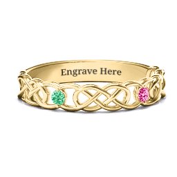 Two-Stone Interwoven Infinity Ring in 10K Solid Yellow Gold with Emerald and Ruby