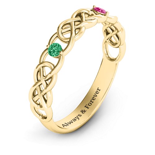 Two-Stone Interwoven Infinity Ring – 10K Yellow Gold with Emerald and Ruby