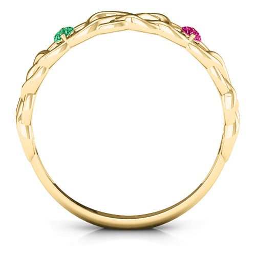 Two-Stone Interwoven Infinity Ring – 10K Yellow Gold with Emerald and Ruby