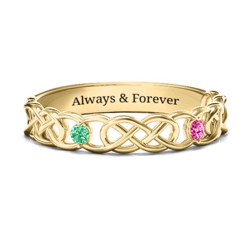 Two-Stone Interwoven Infinity Ring – 10K Yellow Gold with Emerald and Ruby