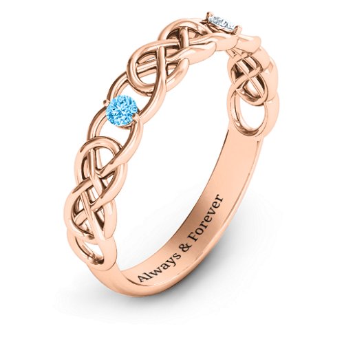 Two-Stone Interwoven Infinity Ring – 10K Rose Gold with Blue Topaz and Cubic Zirconia