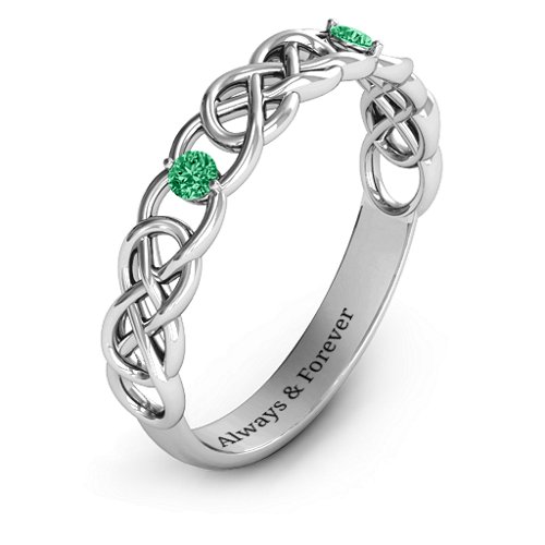 Two-Stone Interwoven Infinity Ring – Sterling Silver with Emerald