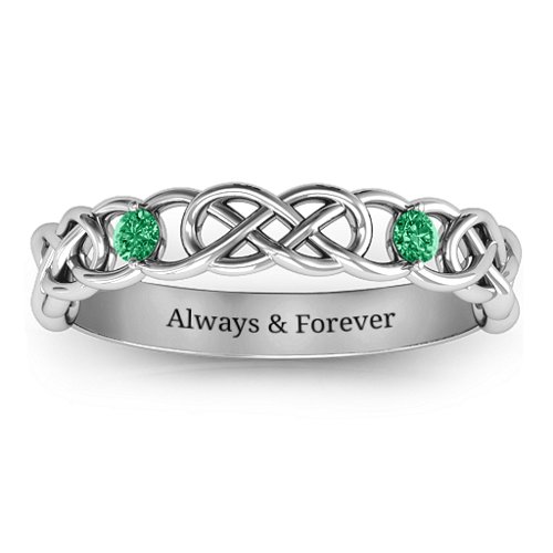 Two-Stone Interwoven Infinity Ring – Sterling Silver with Emerald