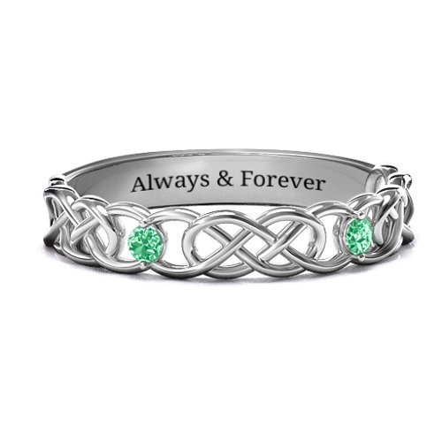 Two-Stone Interwoven Infinity Ring – Sterling Silver with Emerald