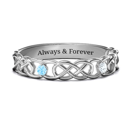 Two-Stone Interwoven Infinity Ring – Sterling Silver with Blue Topaz and Cubic Zirconia