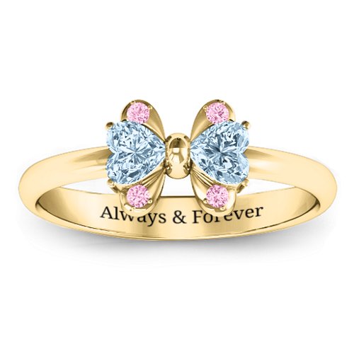 Beauty And The Bow Ring – 10K Yellow Gold with Aquamarine and Fancy Pink Premium Zirconia