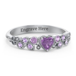 Heart Cut Gemstone Ring with Milgrain and Leaf Detailing in 925 Sterling Silver with Amethyst and Amethyst Premium Zirconia