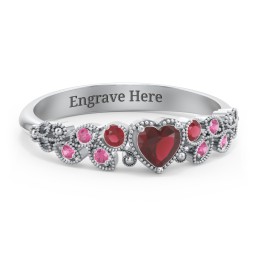 Heart Cut Gemstone Ring with Milgrain and Leaf Detailing in 925 Sterling Silver