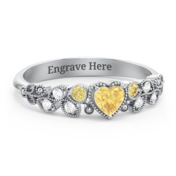 Heart Cut Gemstone Ring with Milgrain and Leaf Detailing in 925 Sterling Silver