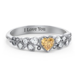 Heart Cut Gemstone Ring with Milgrain and Leaf Detailing