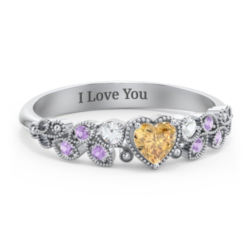 Heart Cut Gemstone Ring with Milgrain and Leaf Detailing