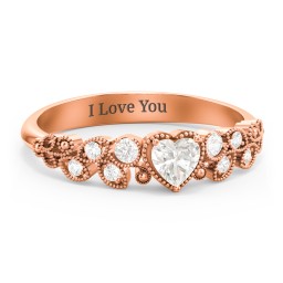 Heart Cut Gemstone Ring with Milgrain and Leaf Detailing in 10K Solid Rose Gold with Cubic Zirconia and White Premium Zirconia