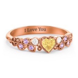 Heart Cut Gemstone Ring with Milgrain and Leaf Detailing in 10K Solid Rose Gold with Citrine, Cubic Zirconia, and Amethyst Premium Zirconia