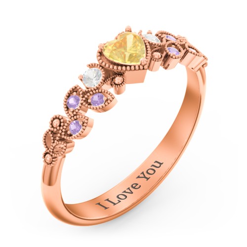 Heart Cut Gemstone Ring with Milgrain and Leaf Detailing – 10K Rose Gold with Citrine, Cubic Zirconia, and Amethyst Premium Zirconia