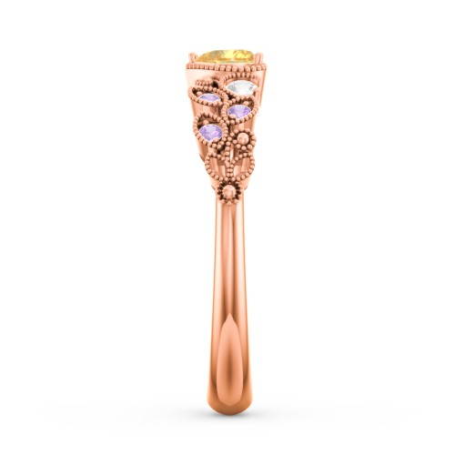 Heart Cut Gemstone Ring with Milgrain and Leaf Detailing – 10K Rose Gold with Citrine, Cubic Zirconia, and Amethyst Premium Zirconia