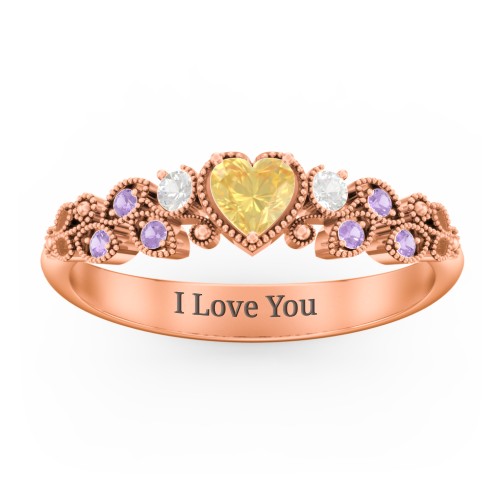 Heart Cut Gemstone Ring with Milgrain and Leaf Detailing – 10K Rose Gold with Citrine, Cubic Zirconia, and Amethyst Premium Zirconia
