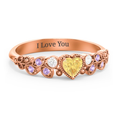 Heart Cut Gemstone Ring with Milgrain and Leaf Detailing – 10K Rose Gold with Citrine, Cubic Zirconia, and Amethyst Premium Zirconia