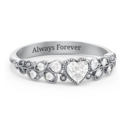Heart Cut Gemstone Ring with Milgrain and Leaf Detailing in 925 Sterling Silver with Diamond