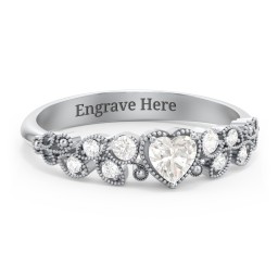 Heart Cut Gemstone Ring with Milgrain and Leaf Detailing in 925 Sterling Silver with Cubic Zirconia and White Premium Zirconia