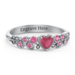 Heart Cut Gemstone Ring with Milgrain and Leaf Detailing in 925 Sterling Silver with Ruby and Red Premium Zirconia