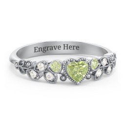 Heart Cut Gemstone Ring with Milgrain and Leaf Detailing in 925 Sterling Silver with Peridot and Fancy Yellow Premium Zirconia