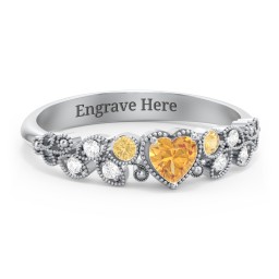 Heart Cut Gemstone Ring with Milgrain and Leaf Detailing in 925 Sterling Silver with Citrine and White Premium Zirconia