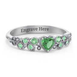 Heart Cut Gemstone Ring with Milgrain and Leaf Detailing in 925 Sterling Silver with Emerald and Green Premium Zirconia