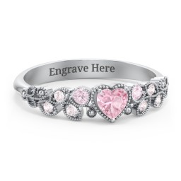 Heart Cut Gemstone Ring with Milgrain and Leaf Detailing in 925 Sterling Silver with Pink Tourmaline and Fancy Pink Premium Zirconia