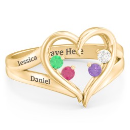 Engravable Split Shank Heart Ring with Gemstones in 10K Solid Yellow Gold with Emerald, Ruby, Cubic Zirconia, and Amethyst