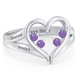 Engravable Split Shank Heart Ring with Gemstones in 925 Sterling Silver with Amethyst