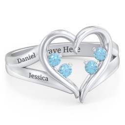 Engravable Split Shank Heart Ring with Gemstones in 925 Sterling Silver with Blue Topaz
