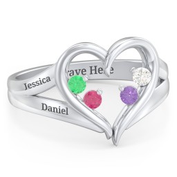 Engravable Split Shank Heart Ring with Gemstones in 925 Sterling Silver with Emerald, Ruby, Cubic Zirconia, and Amethyst