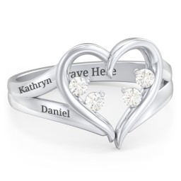 Engravable Split Shank Heart Ring with Gemstones in 925 Sterling Silver with Cubic Zirconia