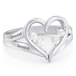 Engravable Split Shank Heart Ring with Gemstones in 925 Sterling Silver with Opal