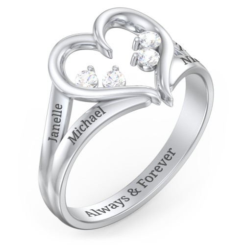 Engravable Split Shank Heart Ring with Gemstones – Sterling Silver with Cubic Zirconia