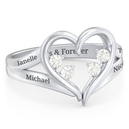 Engravable Split Shank Heart Ring with Gemstones – Sterling Silver with Cubic Zirconia