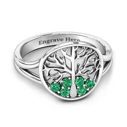 Always Around Love 6 Stone Family Tree Ring in 925 Sterling Silver with Emerald